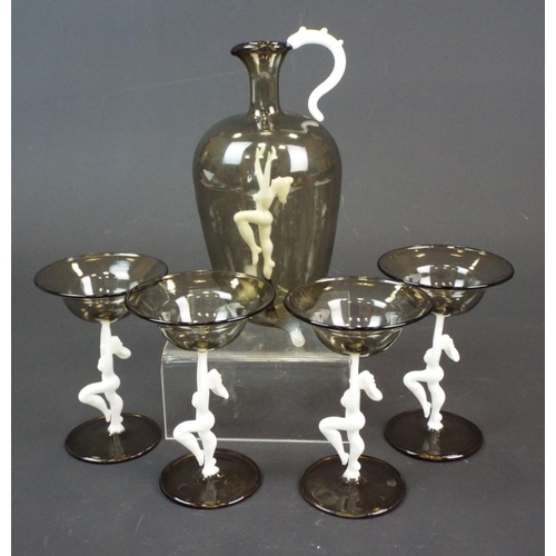 202 - Art Deco Bimini glass, smokey glass jug and 4 figural nude lady stemmed glasses.