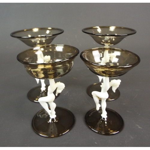 203 - Art Deco Bimini glass, 4 figural nude lady stemmed smokey coloured glasses.