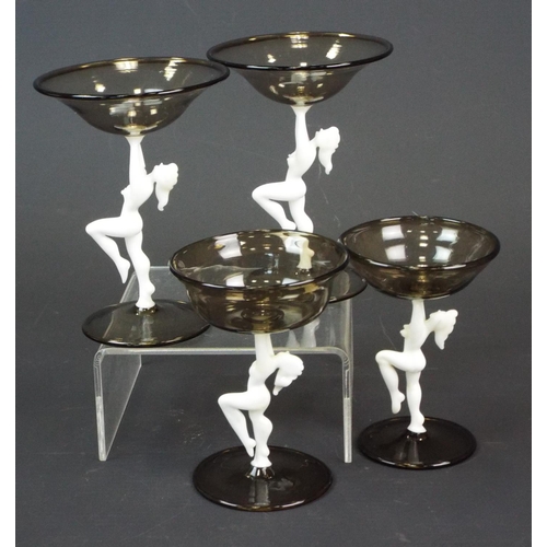 203 - Art Deco Bimini glass, 4 figural nude lady stemmed smokey coloured glasses.