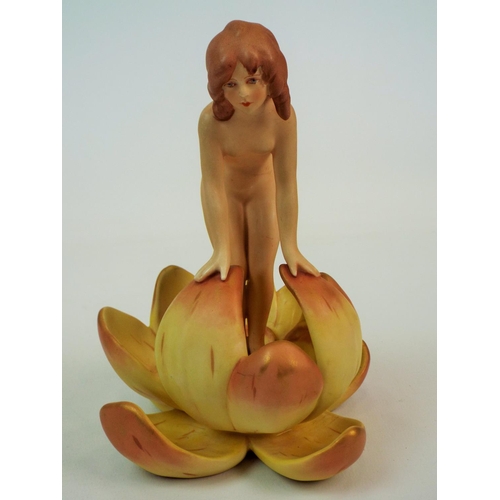 211 - Royal Dux art deco bisque fiqurine of a nude girl in a lily, 6.5