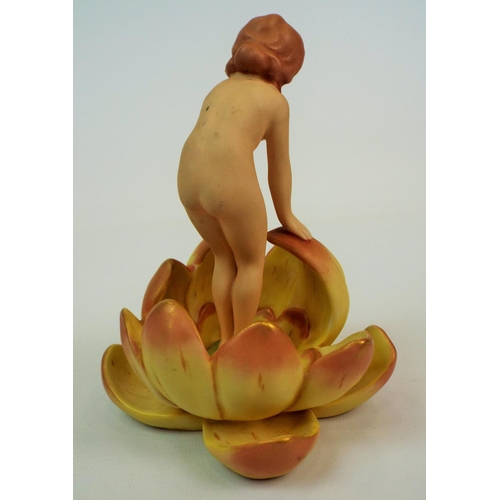 211 - Royal Dux art deco bisque fiqurine of a nude girl in a lily, 6.5