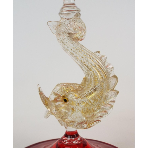 214 - Vintage Murano Salviati glass dolphin candle stick in red & gold. 8.5