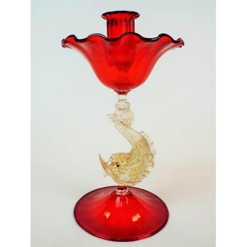 214 - Vintage Murano Salviati glass dolphin candle stick in red & gold. 8.5