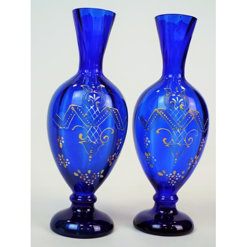 222 - Pair of hand painted Bristol / Cobalt blue glass vases. 7.5