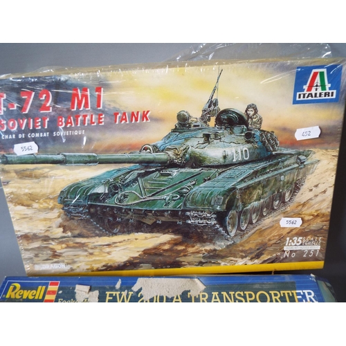 452 - Two Revill 1:72 Scale boxed kit models of Aircraft plus an Italieri boxed model of a Soviet Tank. Un... 