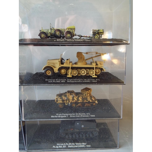 462 - Eight, Die cast models of Amoured Vehicles. All in perspex boxes and in unused condition. See photos