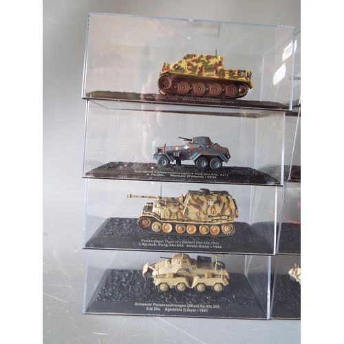 473 - Eight, Die cast models of Amoured Vehicles. All in perspex boxes and in unused condition. See photos