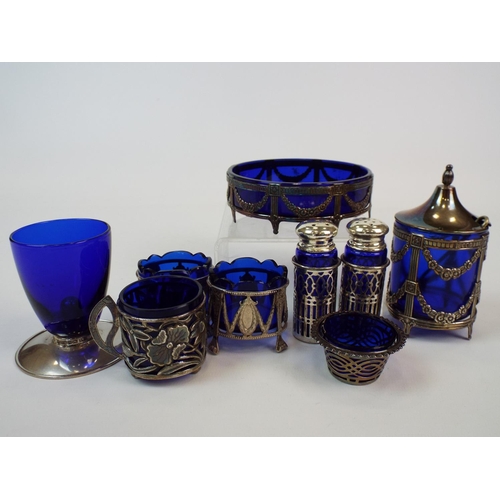 228 - 5 Pieces of Sterling silver & Bristol blue glass salts etc & 4 Pieces of silver plated and blue glas... 