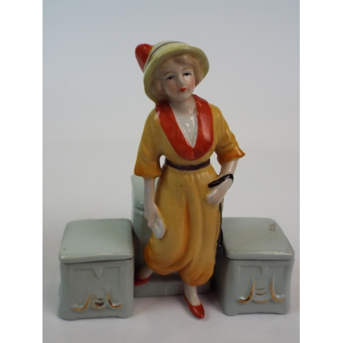 229 - Art deco figurine cruet set, 2 Art deco continental figurines & a face wall plaque.