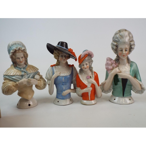 244 - 4 Vintage large porcelain half dolls , pin cushion dolls. Tallest measures 15cm smallest 12cm.