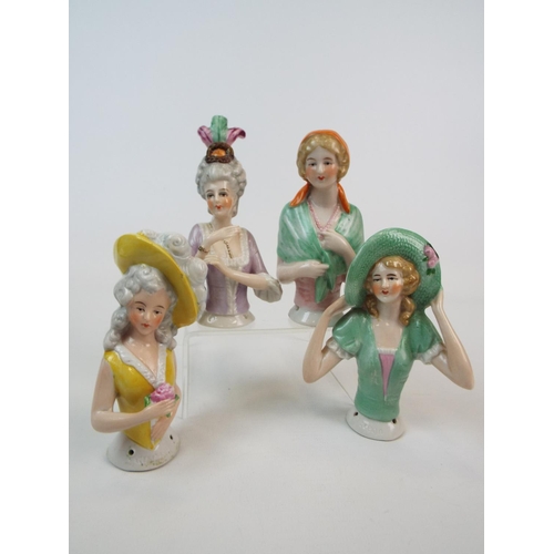 246 - 4 Vintage large porcelain half dolls , pin cushion dolls. Average height 11.5cm.