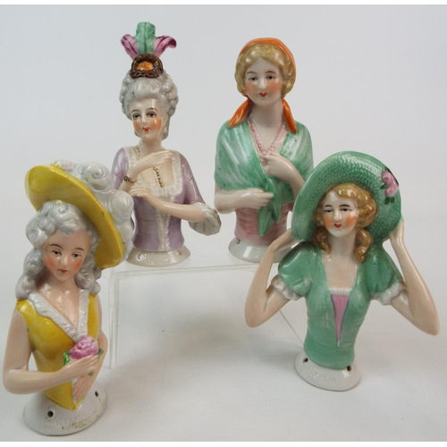 246 - 4 Vintage large porcelain half dolls , pin cushion dolls. Average height 11.5cm.