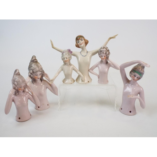 247 - 6 Vintage porcelain half dolls , pin cushion dolls. Tallest measures 10.5 cm smallest 6.5cms.