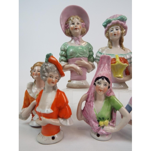 248 - 8 Vintage porcelain half dolls , pin cushion dolls. Tallest measures 12.5 cm smallest 8.5cms.