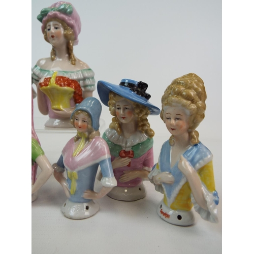 248 - 8 Vintage porcelain half dolls , pin cushion dolls. Tallest measures 12.5 cm smallest 8.5cms.