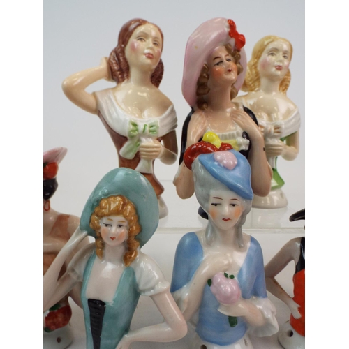 250 - 8 Vintage porcelain half dolls , pin cushion dolls. Average height 9cms.