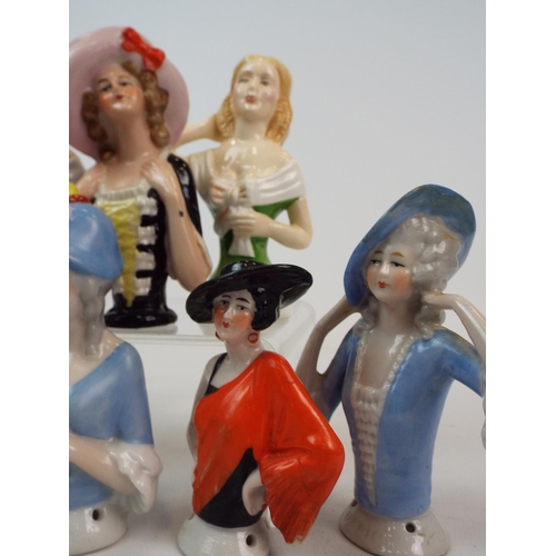 250 - 8 Vintage porcelain half dolls , pin cushion dolls. Average height 9cms.