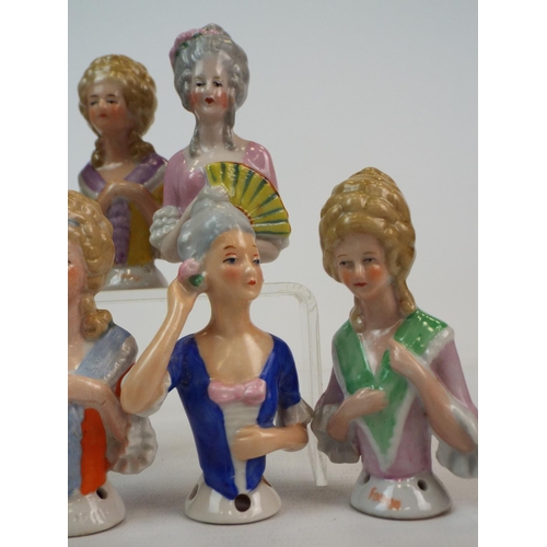 251 - 8 Vintage porcelain half dolls, pin cushion dolls. Average height 7cms.