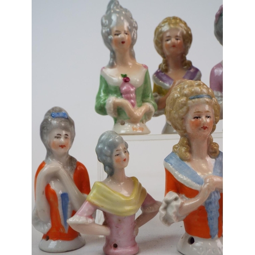 251 - 8 Vintage porcelain half dolls, pin cushion dolls. Average height 7cms.