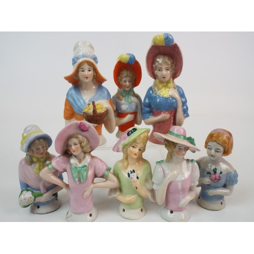 252 - 8 Vintage porcelain half dolls, pin cushion dolls. Average height 8cms.