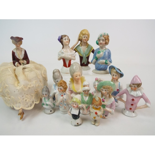 254 - 15 Vintage porcelain half dolls, pin cushion dolls including 1 that is complete with legs.