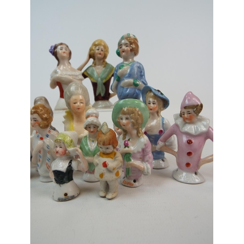 254 - 15 Vintage porcelain half dolls, pin cushion dolls including 1 that is complete with legs.