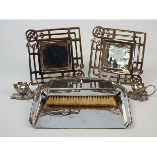 258 - 2 Art deco pin dishes, a crumb tray & brush and some leaf shaped silver plated salts.