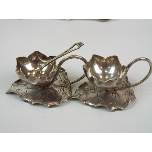 258 - 2 Art deco pin dishes, a crumb tray & brush and some leaf shaped silver plated salts.