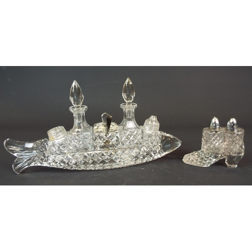 278 - 2 Crystal glass cruet sets one in the form of a fish and one as a boot ( the lid to the pepper pot o... 