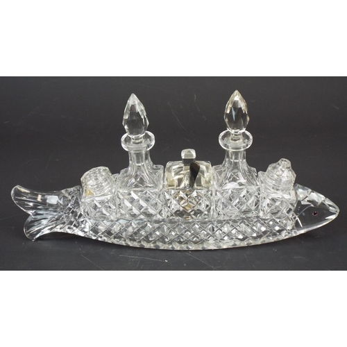 278 - 2 Crystal glass cruet sets one in the form of a fish and one as a boot ( the lid to the pepper pot o... 