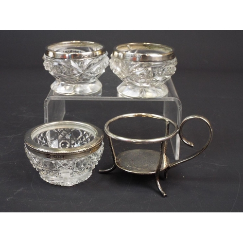 280 - 3 Vintage crystal glass salts with sterling silver collars, Hllmarks for Birmingham and London.