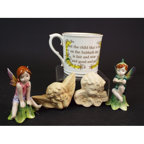 298 - 2 Old Tupton ware pixie figurines , a Royal Worcester saturdays child cup & 2 small plaster cherub w... 