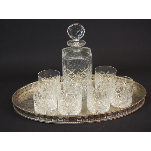 364 - Crystal glass decanter and whiskey tumblers with a silver plated gallery tray.