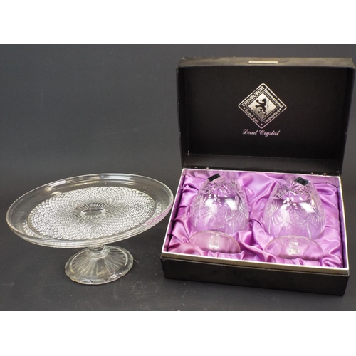 370 - Pair of Edinburgh Crystal Brandy glasses and a vintage pressed glass cake stand.