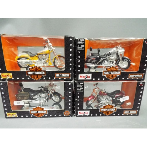 389 - Four 1:18 die cast models of Harley Davidson Motorcycles. All boxed and unused. See photo