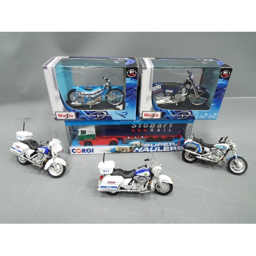 393 - Two Maisto die cast models of Speedway bikes plus three unboxed die cast Harleys together with a box... 