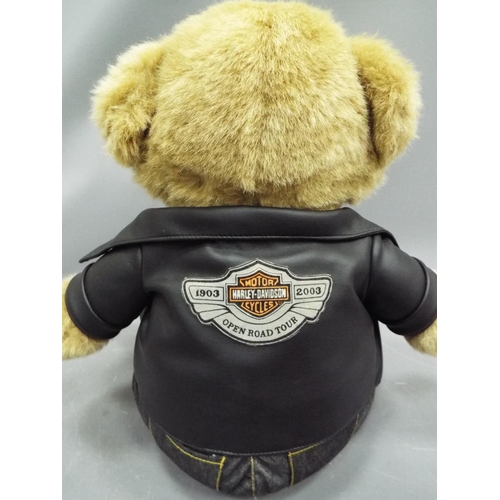 398 - Large Teddy bear dressed in Harley Davidson branded clothes. Approx 16 inches tall. See photos