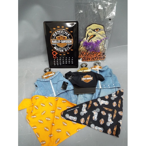 400 - Harley Davidson Biker Club Teddy bear clothes plus Harley metal perpetual calendar, bag of sew on Ha... 