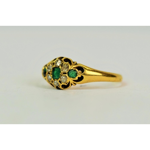 560 - 18ct Antique gold ring set with Diamonds and Emeralds.  Finger size N-5    2.2g (This ring has no ha... 