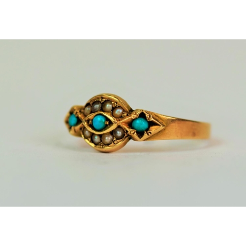 565 - 15ct Yellow Gold ring set with Pearls and Turquoise.  Clear Birmingham hallmarks.  Finger size 'O'  ... 