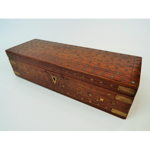 607 - Inlaid boxwood Edwardian era glovebox. Snug fitting lid.  All the box is inlaid with brass decoratio... 