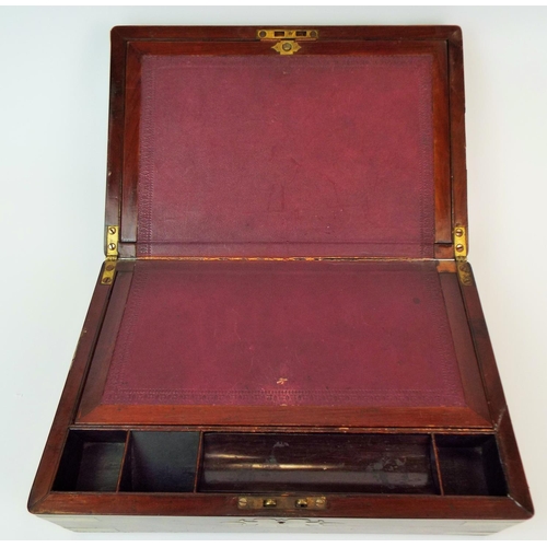 608 - Victorian era Mahogany writing slope. Inlaid brass corners and cabouchon to lid. Damask leather inte... 