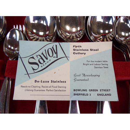 612 - Savoy Brand, Sheffield made Cutlery set in unused original condition.  Teak box with red velvet inte... 