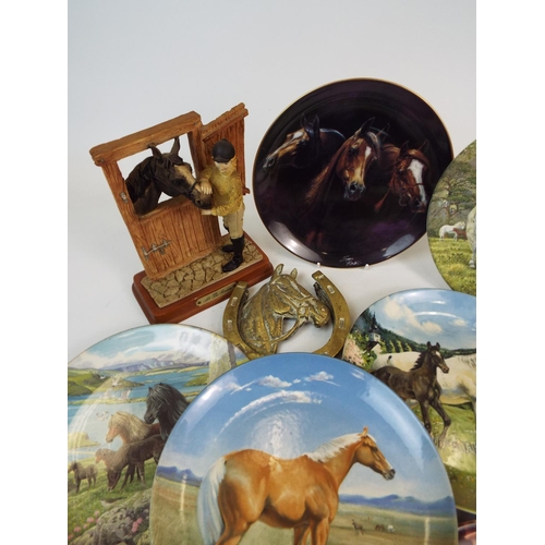 675 - Spode & davenport horse related collectors plates, door knocker etc.