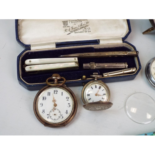 689 - Mixed lot to include 2x 800 sterling sliver pocket watches, watches, alarm clock etc.