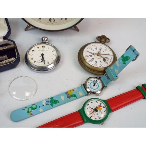 689 - Mixed lot to include 2x 800 sterling sliver pocket watches, watches, alarm clock etc.