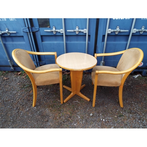 923 - Parker Knoll circular pillar café type table with two matching stackable upholstered chairs.