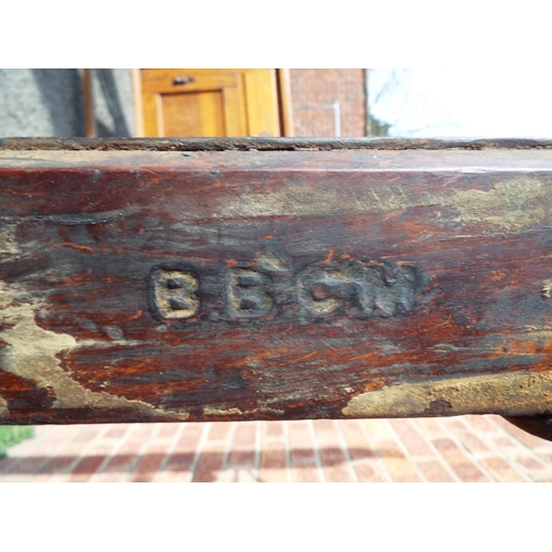 935 - Old porters barrow made from Iron with pulley lift. Has BBCM stencilled into framework. Has some woo... 