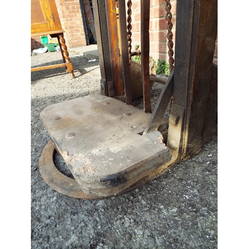 935 - Old porters barrow made from Iron with pulley lift. Has BBCM stencilled into framework. Has some woo... 