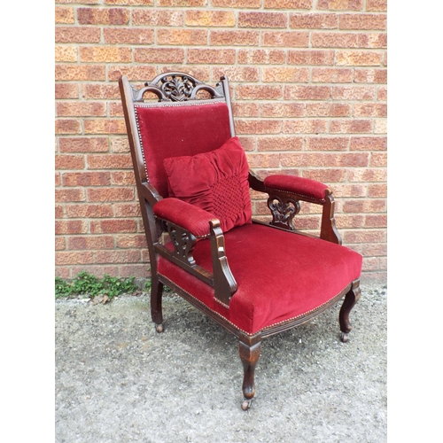 954 - Darkwood early 20th Century armchair with Damask Draylon upholstery. Carved supports and back. See p... 